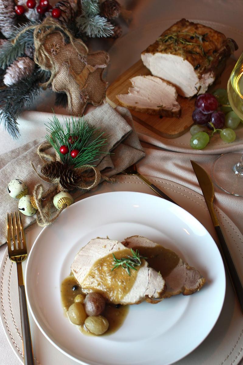 Lomo de cerdo al cava asado con uvas