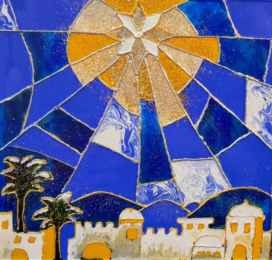 Pueblo y estrella de Belén. Pintura vitral.