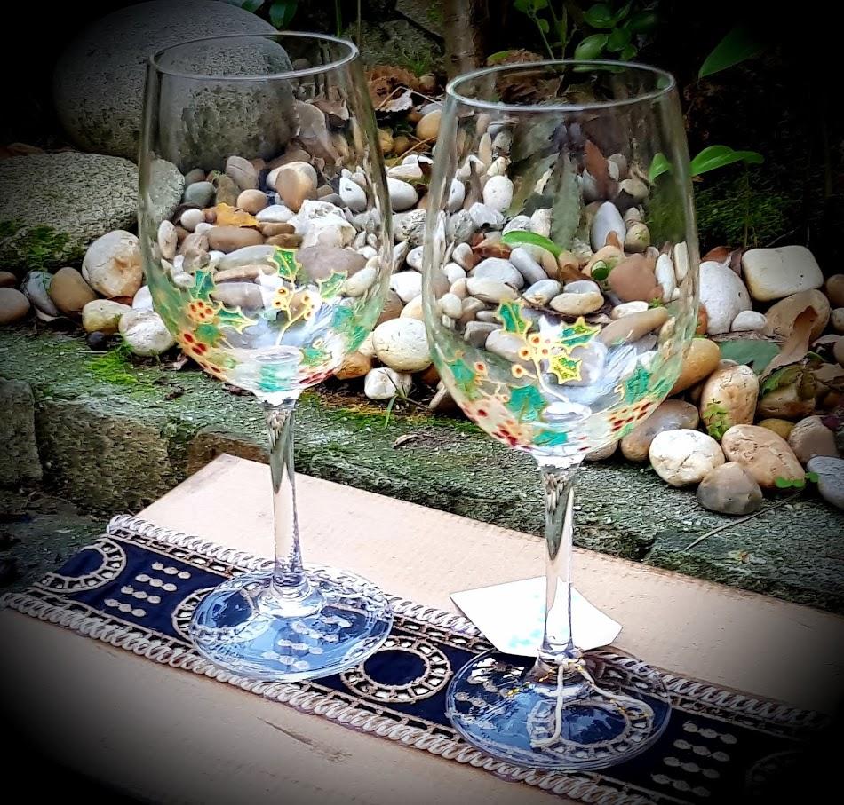 Copas de cristal pintadas a mano (Modelo: acebo 2017)