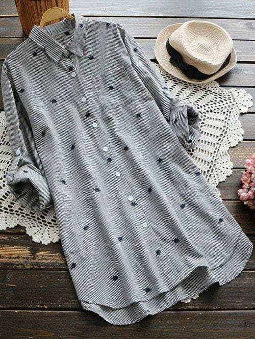 Leaf Embroidered Striped Pocket Tunic Shirt