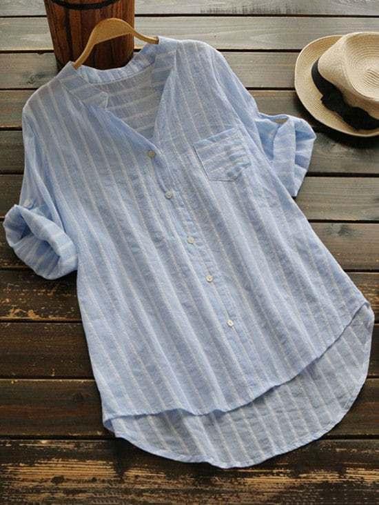 Striped Button Up Pocket Blouse