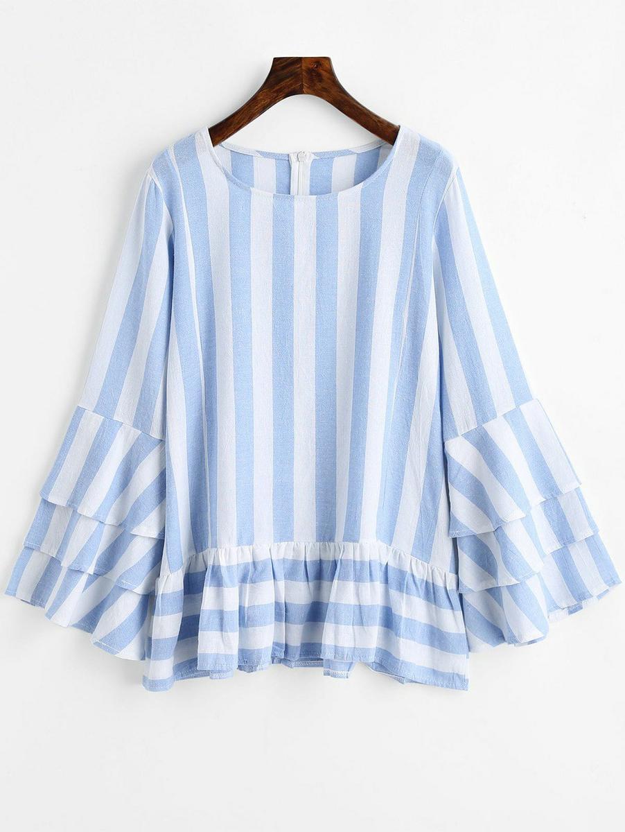 Tiered Flare Sleeve Ruffles Striped Blouse