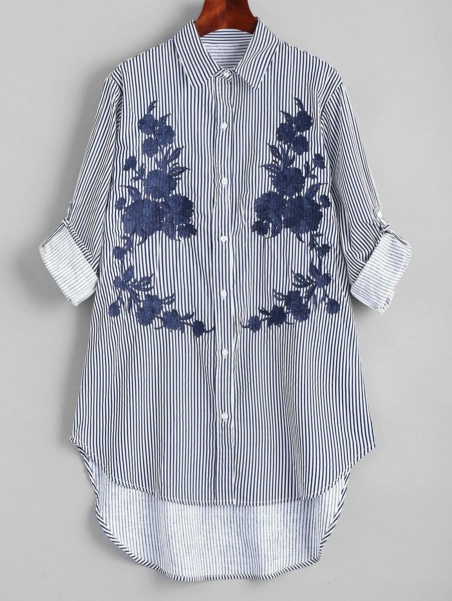High Low Embroidered Stripes Shirt