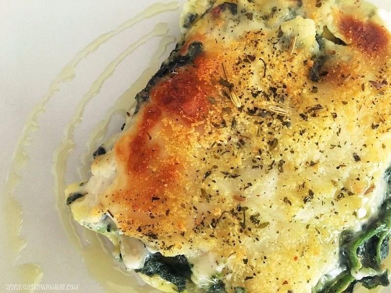 Lasaña de espinacas y gambas