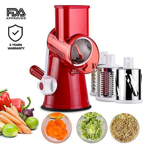 Vegetable Mandoline Chopper,Upintek 3-Blades Manual Vegetable Slicer,Efficient and Fast Vegetable Fruit Cutter Cheese Shredder, Speedy Rotary Drum Grater Slicer with Strong-Hold Suction Cup(Red)