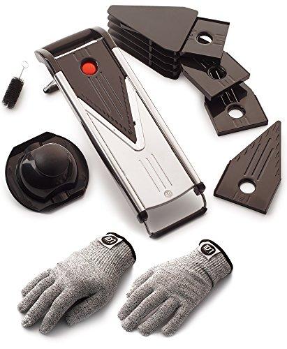 Mandoline SlicerJulienneSuitable for Vegetables and FruitsV-Blade & Bonus Cut-Resistant Gloves5 BladesStainless Steel & Cleaning Brush, Safety Sleeve & Holder by IDM Group