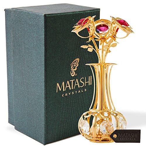 24k Gold Plated Flowers Bouquet and Vase w/ Red & Clear Matashi Crystals | 24k Gold-Plated Table Top Decorations | Metal Floral Arrangement | Elegant Home or Office Décor
