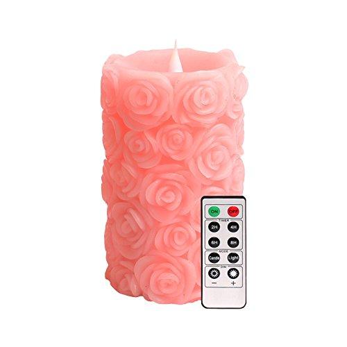 Rose Flower 3D Moving Wick Flameless Candle with Remote Control, Rose Scent Pillar Candle for Valentines Day Decoration, 3.5x6", Pink