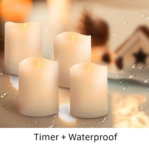 KMSdeco Outdoor Flameless LED Candles - Battery Operated Waterproof Votive Candles with Timer - Dancing Flame Plastic Pillar Candle for Home Wedding Party Valentine Decor - Pack of 4