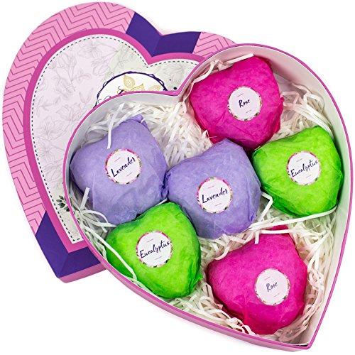Bath Bombs Gift Set - Spa Kit of 6 Large Fizzies - Natural Essential Oils & Lush Fragrance - Rose, Lavender, Eucalyptus. Beauty Gift Idea for Woman, Daughter,Teen Girl, Mom - Her Organic Bath Basket