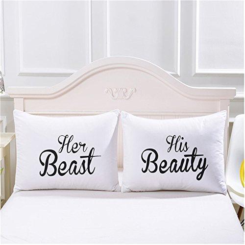 Couples Pillowcases,“Her Beast”&“His Beauty”-Romantic Valentines Day Gift Idea for Couples,Anniversary,Wedding, Engagement, Set of 2 Printed Pillowcases for Him and Her in Love, 30x20inches