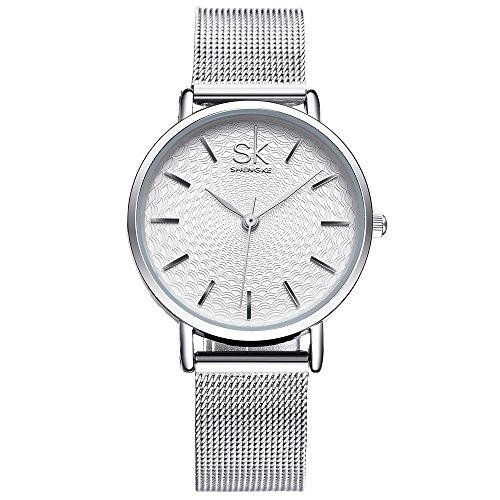 SK Designer Watches for Women for Sale Sliver Stainless Steel or Leather Watch Band Analog Quartz Wristwatch (silver)