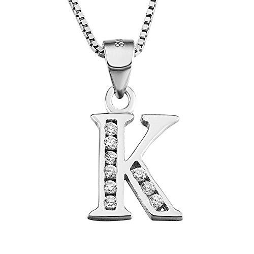 S925 Sterling Silver Cubic Zirconia 26 Letters Alphabet Personalized Charm Pendant Necklace (Alphabet K)