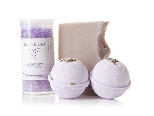 Bath / Spa Gift Set | Natural Handmade Lavender Soap Bar, Lavender Scented Dead Sea Bath Salts, 2 Lavender Fizzy Bath Bombs | Gift Boxed | Made in the USA by Tatum & Shea (Lavender)
