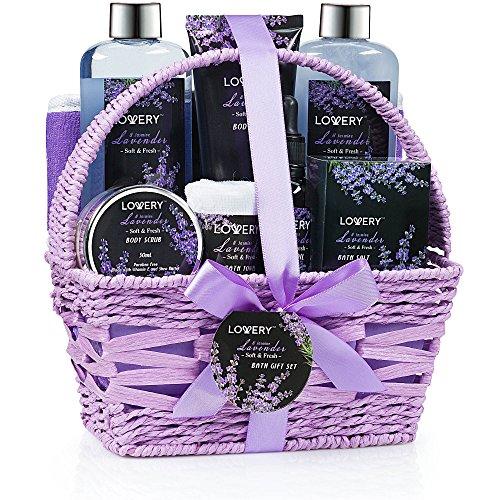 Home Spa Gift Basket, Luxurious 9 Piece Bath & Body Set For Women/Men, Lavender & Jasmine Scent - Contains Shower Gel, Bubble Bath, Body Lotion, Bath Salt, Scrub, Massage Oil, Back Scrubber & Basket