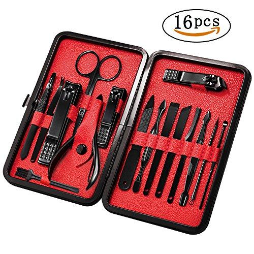 Mens Manicure Set - Mifine 16 In 1 Stainless Steel Professional Pedicure Kit Nail Scissors Grooming Kit with Black Leather Travel Case (Red)