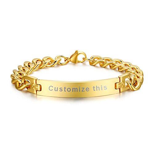MG Personalized Custom Engraving Plain Stainless Steel ID Bracelets for Men Women,Gold Plated,8.3"