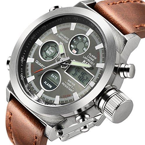 Tamlee Fashion Mens Digital Analog Sport Wrist Watch with PU Leather Strap EL Backlight (Silver)