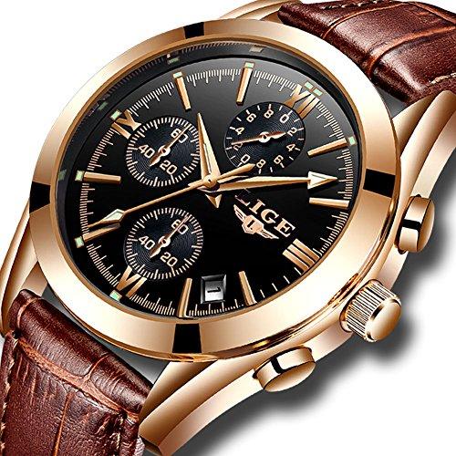 Mens Watches Leather Analog Quartz Watch Men Date Business Dress Wristwatch Mens Waterproof Sport Clock Gold