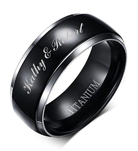 Free Engraving Personalized Two-tone Titanium Black Polished Wedding Engagment Ring Bands for Men, 8mm,size 9