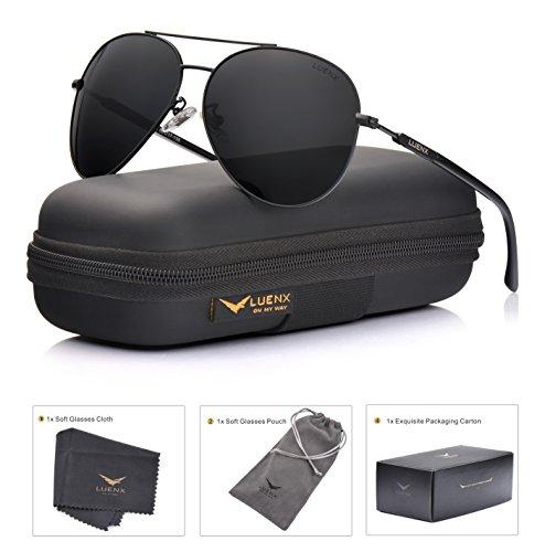 Aviator Sunglasses Mens Women Polarized Black Lens Black Metal Frame Dark 60mm with Case - UV400