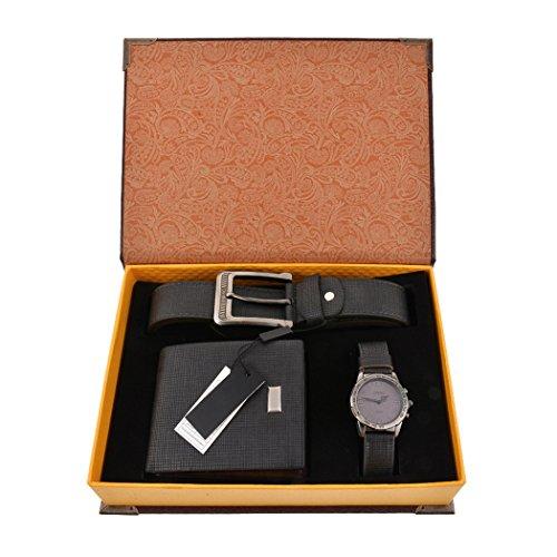 Souarts Mens Artificial Leather Quartz Analog Wrist Watch Belt Wallet Gift Set Dark Blue