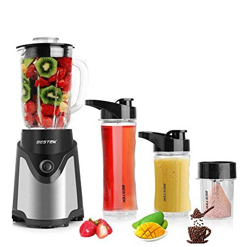 BESTEK BL15 Personal Blender Single Serve Smoothie Milk-shake Maker with 20oz Glass Jar, 2 BPA-Free Portable Bottles and Travel Lids (300W/Black)
