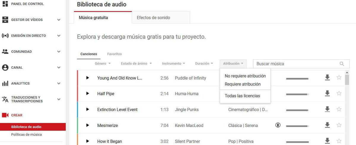 biblioteca de audio de youtube