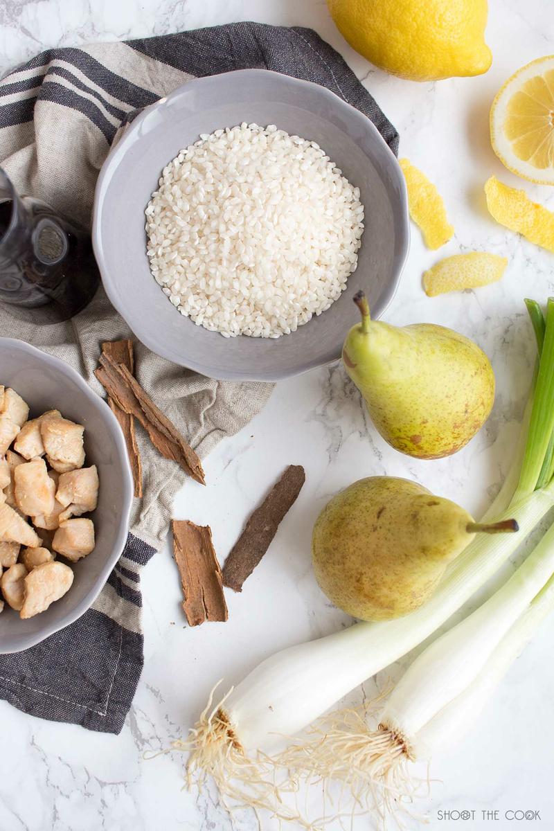 risotto de pollo y peras al vino