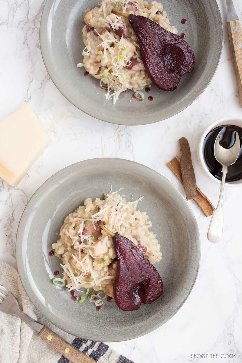 risotto de pollo y peras al vino