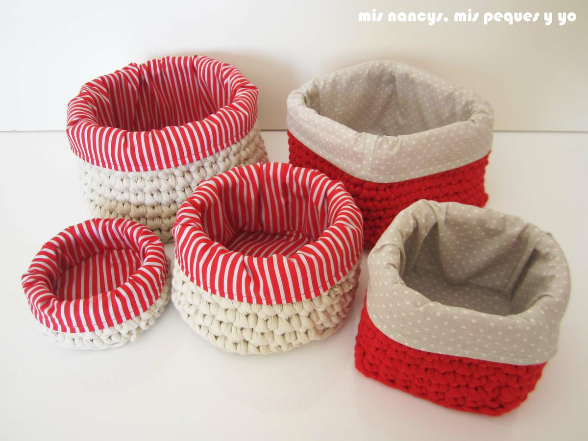 mis nancys, mis peques y yo, juego de dos cestas de trapillo cuadradas con funda de tela y juego de cestas de trapillo redondas