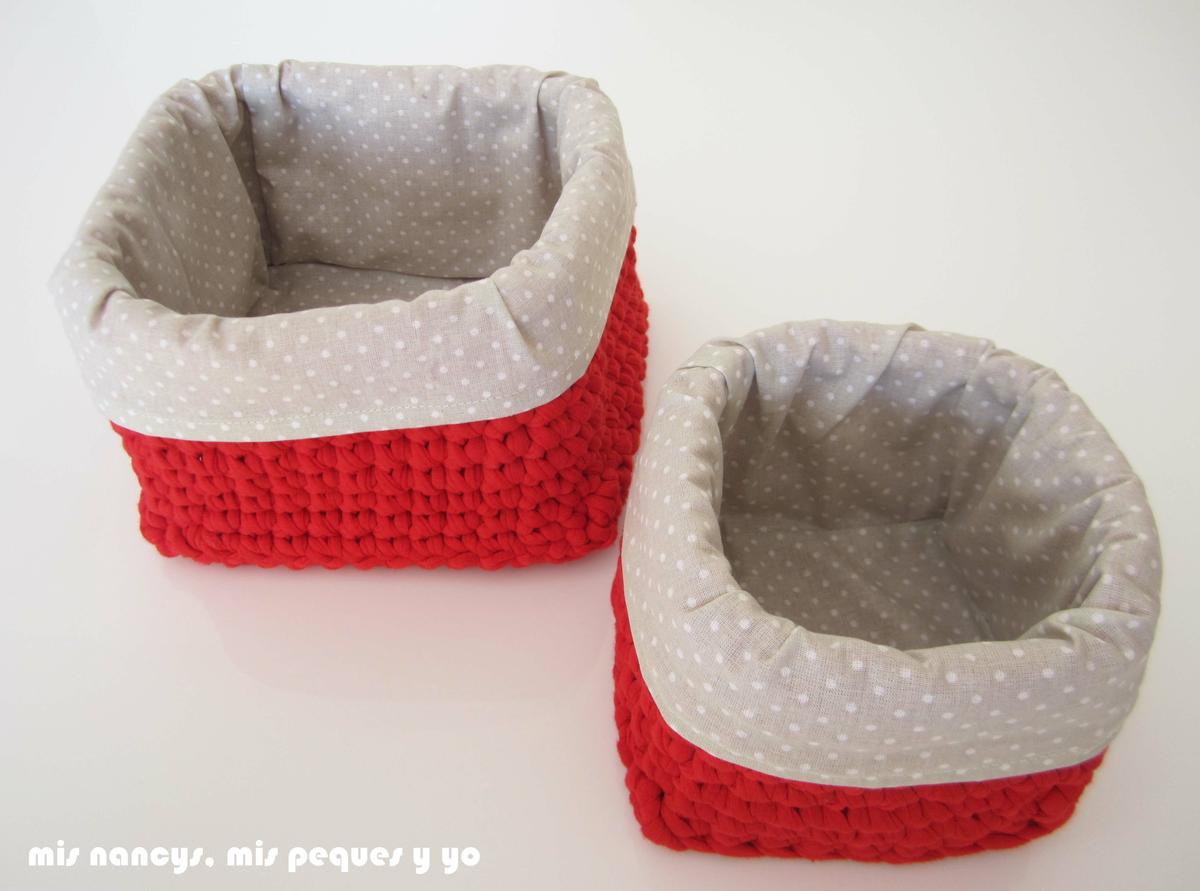 mis nancys, mis peques y yo, juego de dos cestas de trapillo cuadradas con funda de tela, dos tamaños