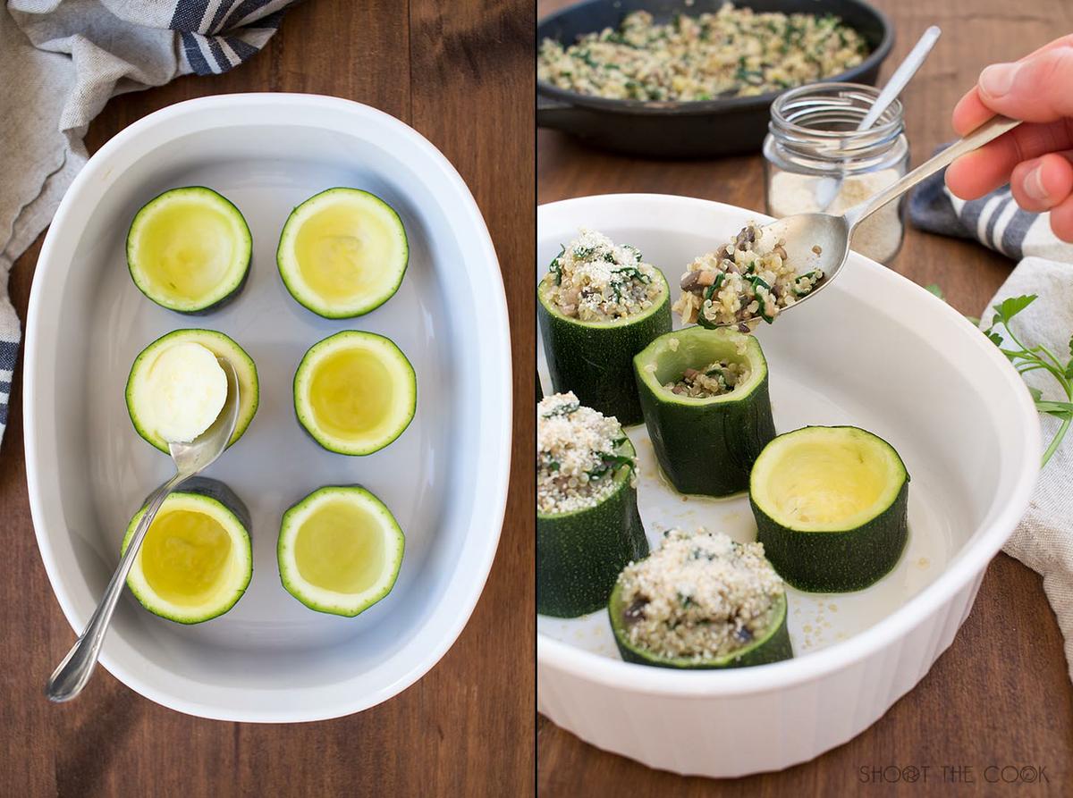 calabacín relleno de quinoa y champiñones