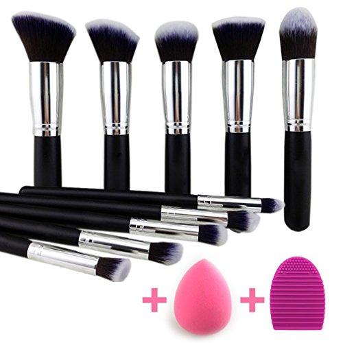 BEAKEY Makeup Brush Set Premium Synthetic Kabuki Foundation Face Powder Blush Eyeshadow Brushes Makeup Brush Kit with Blender Sponge and Brush Egg (10+2pcs,Black/Silver)
