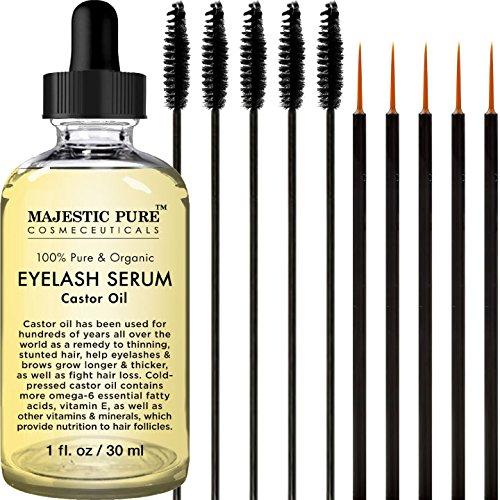 Majestic Pure Castor Oil Eyelash Serum, Pure and Organic, Promotes Natural Eyebrows & Eyelash Growth, Free Set of Mascara Brush and Eyeliner Applicator - 1 fl oz