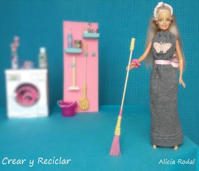 Miniatura equipo básico de productos de limpieza ESCOBA, RECOGEDOR, CUBO y FREGONA para muñecas DIY