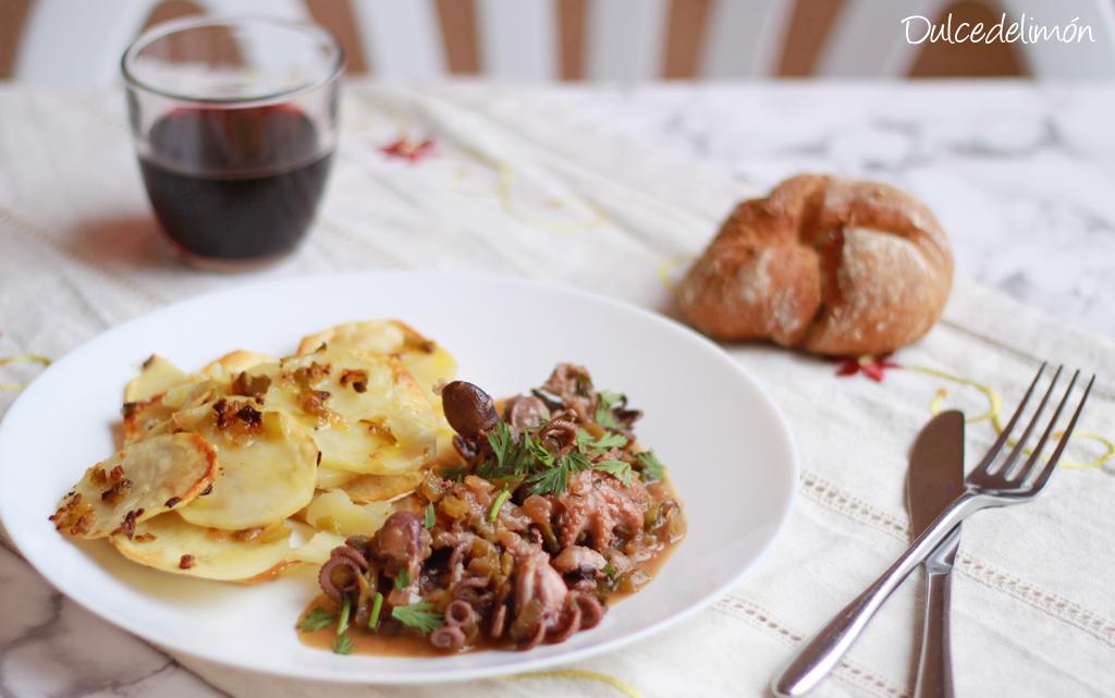 Pulpitos en salsa con patatas al horno