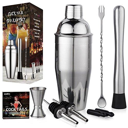 Aozita Cocktail Martini Shaker Home Bar Set Includes 24 Oz Cocktail Shaker / Mixing Spoon and Muddler / Jigger / 2 Liquor Pourer with Covers / Drink Recipes - Bartender Bar Accessories