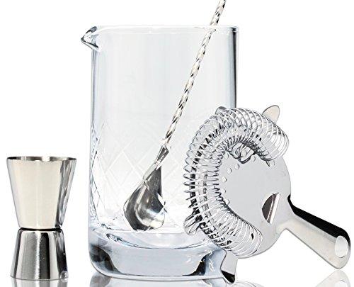Premium Crystal Cocktail Mixing Glass Set - Includes Mixing Spoon, Strainer, Jigger and 17oz 500ml Cocktail Glass - Sturdy, Thick Base - Perfect for Amateurs & Pros - Great Gift
