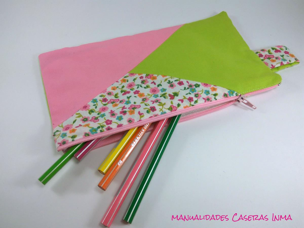 Manualidades Caseras Inma_ Estuche escolar hecho te telas verde, rosa y flores