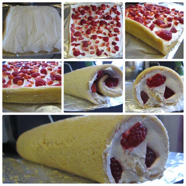 Montaje brazo de gitano con frutos rojos y crema de queso