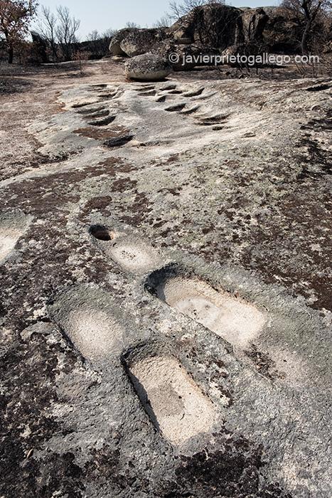 Conjunto de cazoletas utilizadas para moler el mineral junto a la Peña de la Sierpe. Ruta de las minas romanas de Pino del Oro. Paisaje quemado. Territorio calcinado. Parque Natural de las Arribes del Duero. Zamora. Castilla y León. España © Javier Prieto Gallego