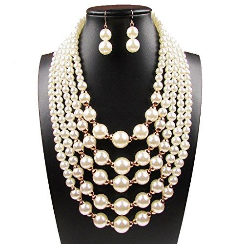 Yuhuan Women Elegant Jewelry Set White Pearl Bead Cluster Collar Bib Choker Necklace and Earrings Suit