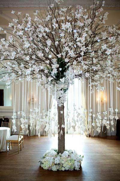arbol decorativo para boda con la distribución de las mesas colgando de sus ramas