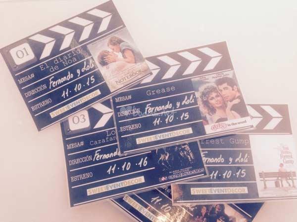 wedding seating plan para mesas de banquete con tematica de cine