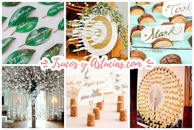 ideas para decorar una boda diy: seating plans de invitados en el banquete y tarjetas marcasitios para bodas