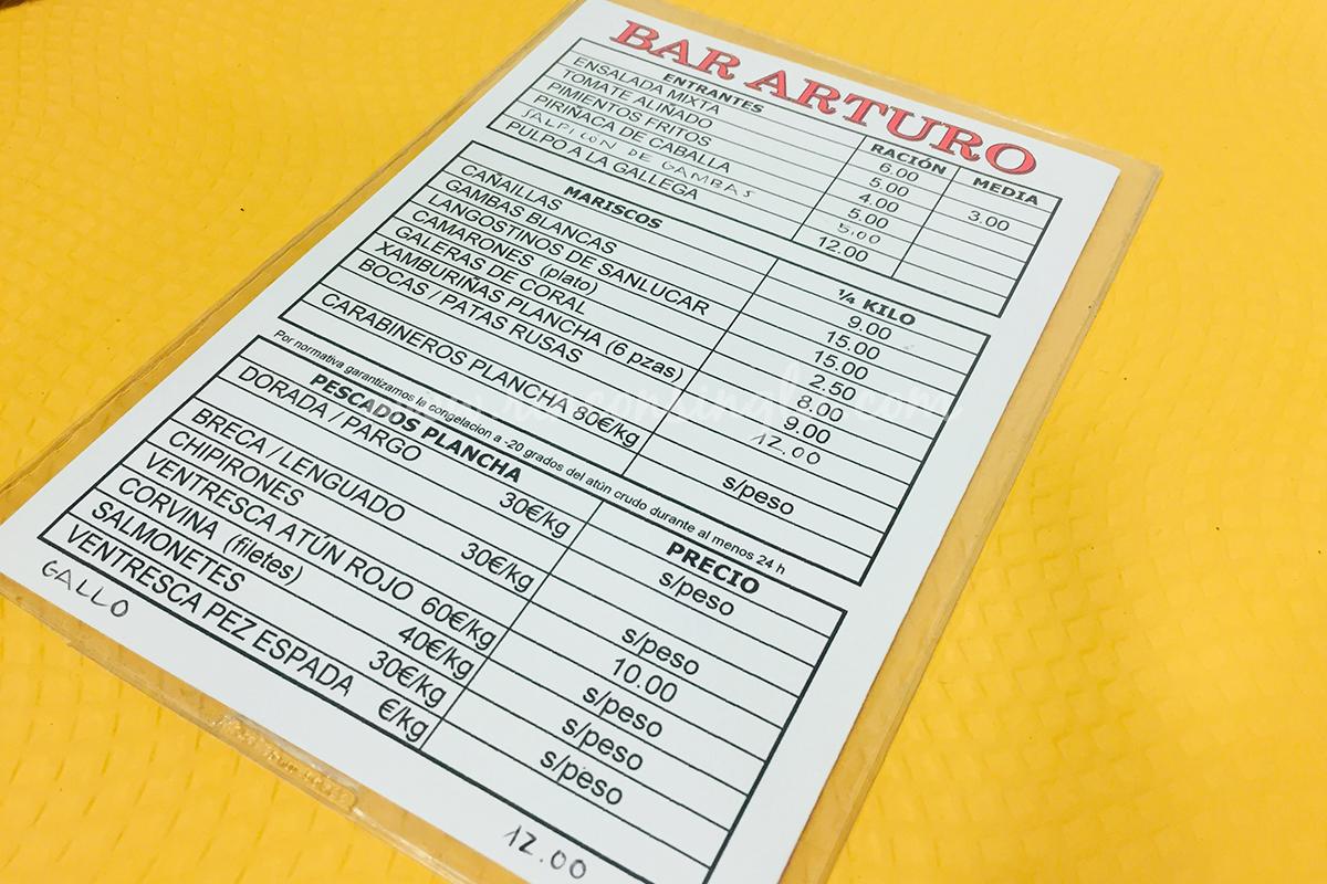 carta de bar arturo en jerez de la frontera