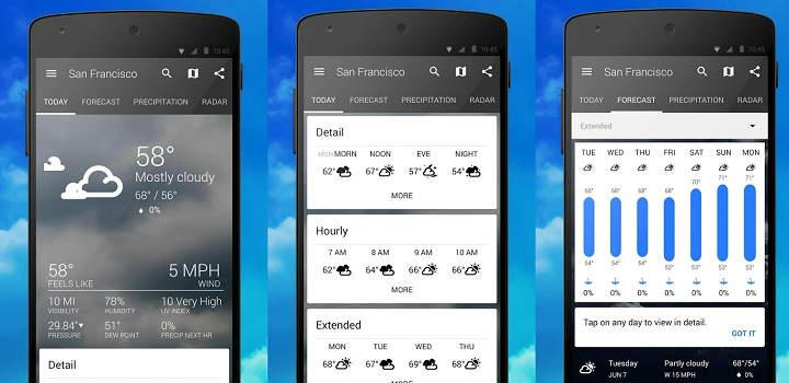 las mejores aplicaciones de tiempo para Android las mejores apps y widgets de pronóstico meteorológico con datos minuto a minuto sobre el clima, temperatura, humedad, presión, alerta de tormentas radar varias ubicaciones y más