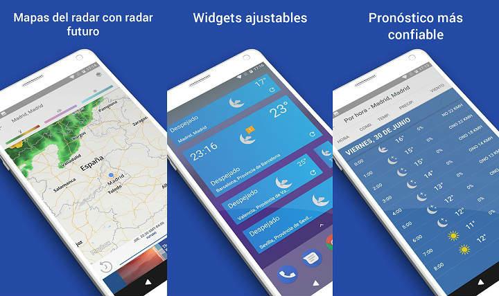 las mejores aplicaciones de tiempo para Android las mejores apps y widgets de pronóstico meteorológico con datos minuto a minuto sobre el clima, temperatura, humedad, presión, alerta de tormentas radar varias ubicaciones y más