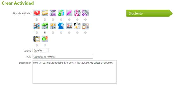 pantalla de configuración de actividad